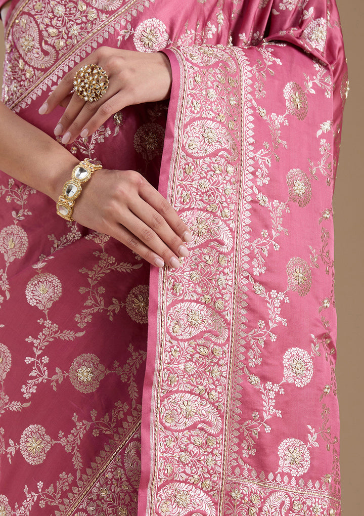 Onion Pink Silk Jaal Gold Zardozi Saree With Matching Blouse Piece