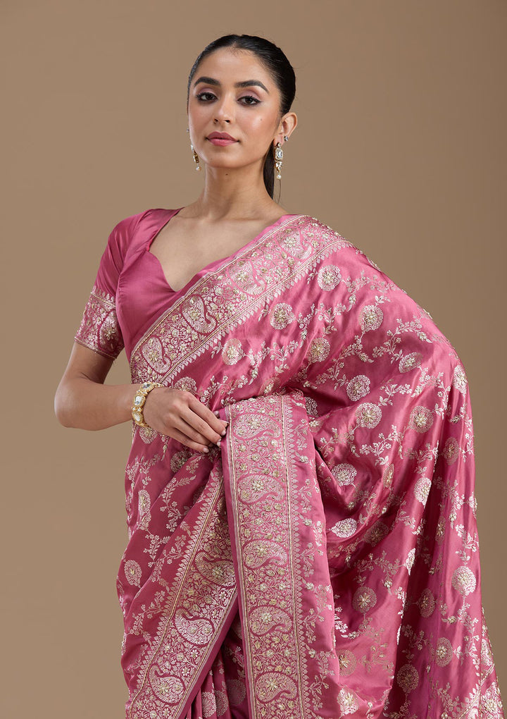 Onion Pink Silk Jaal Gold Zardozi Saree With Matching Blouse Piece