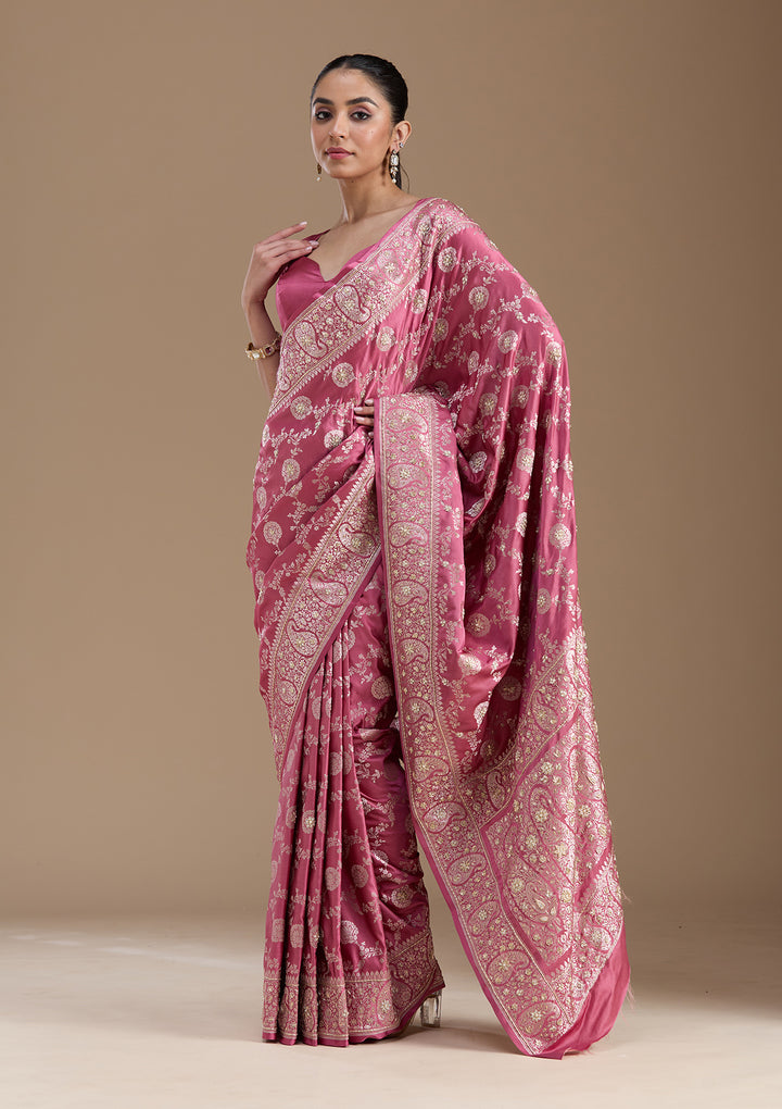 Onion Pink Silk Jaal Gold Zardozi Saree With Matching Blouse Piece