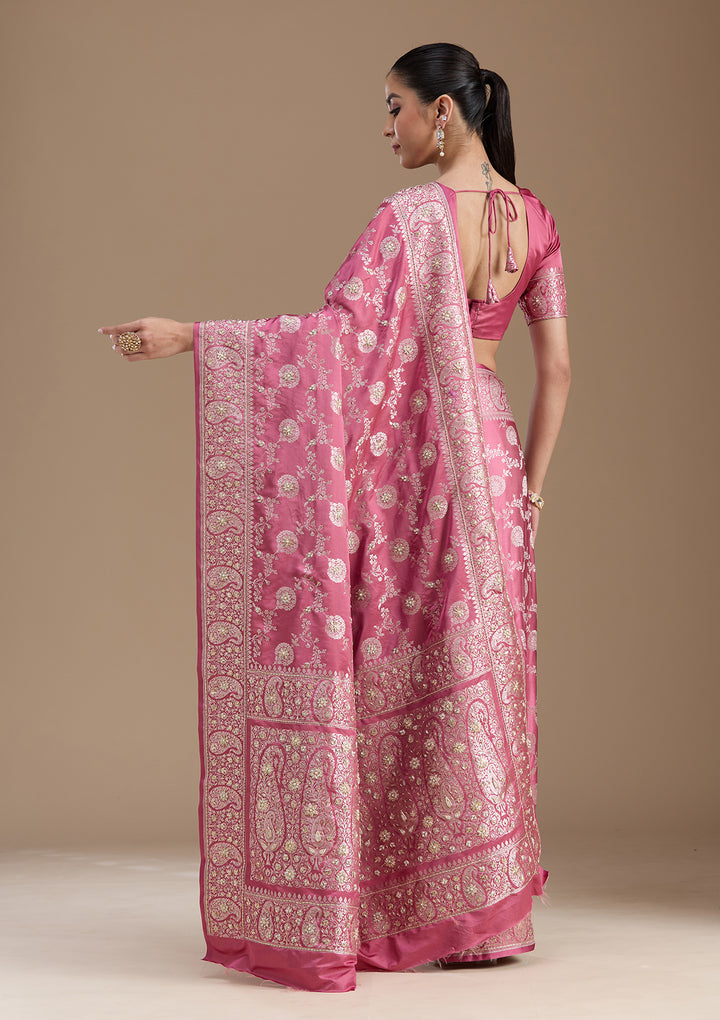 Onion Pink Silk Jaal Gold Zardozi Saree With Matching Blouse Piece