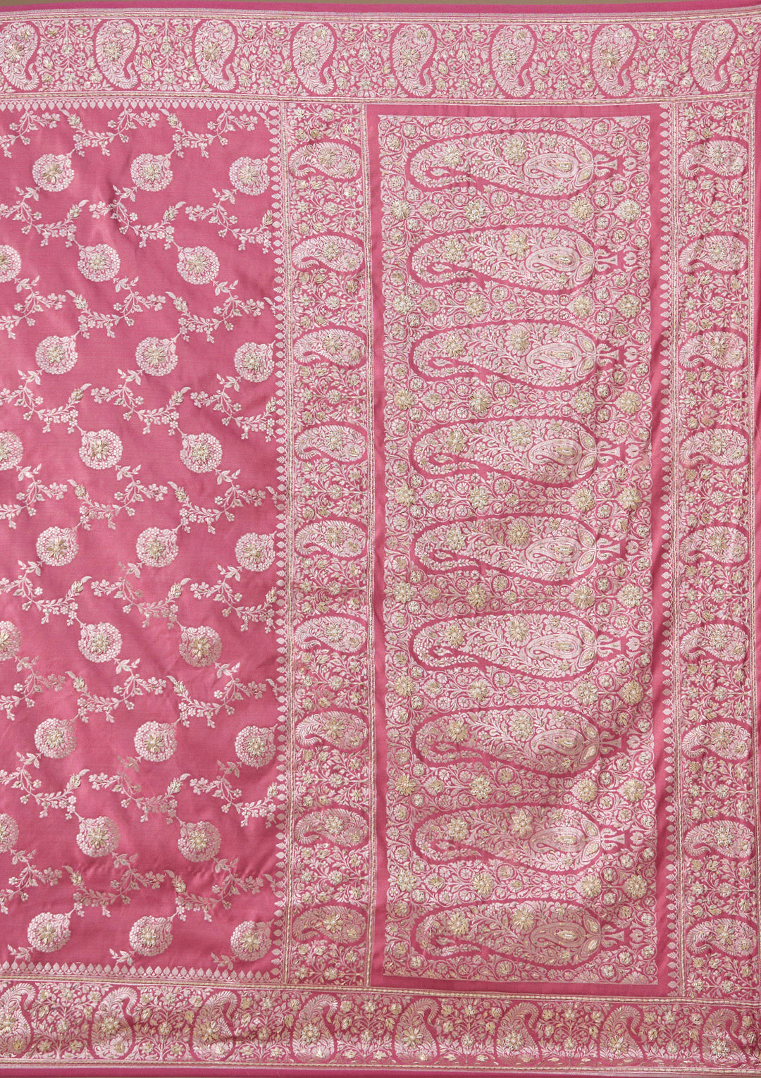 Onion Pink Silk Jaal Gold Zardozi Saree With Matching Blouse Piece