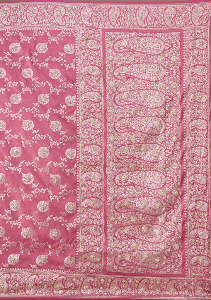 Onion Pink Silk Jaal Gold Zardozi Saree With Matching Blouse Piece