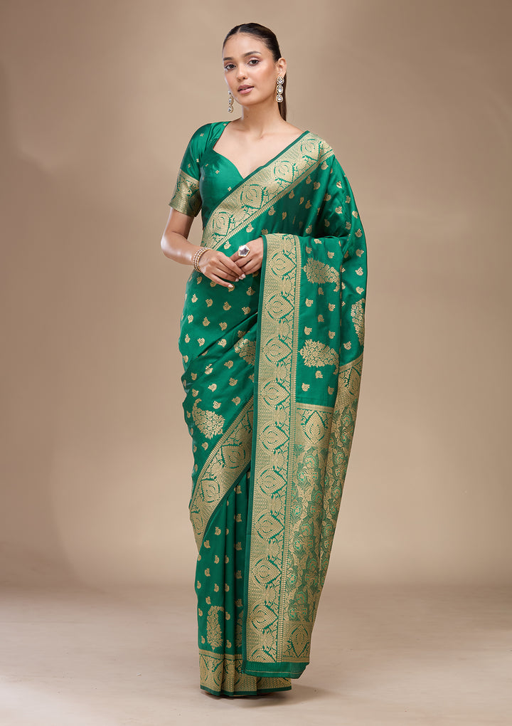Green Silk Buti Gold Zariwork Saree With Matching Blouse Piece