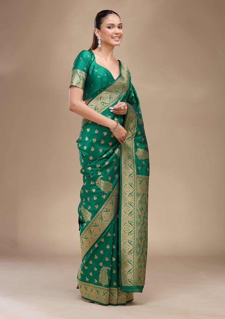 Green Silk Buti Gold Zariwork Saree With Matching Blouse Piece