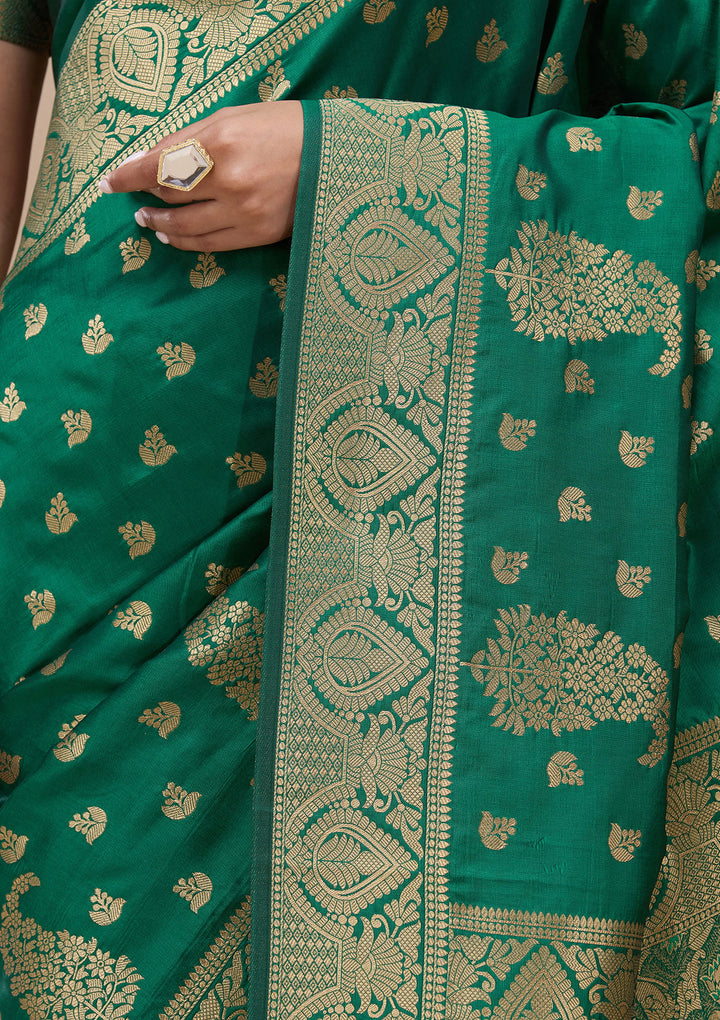 Green Silk Buti Gold Zariwork Saree With Matching Blouse Piece