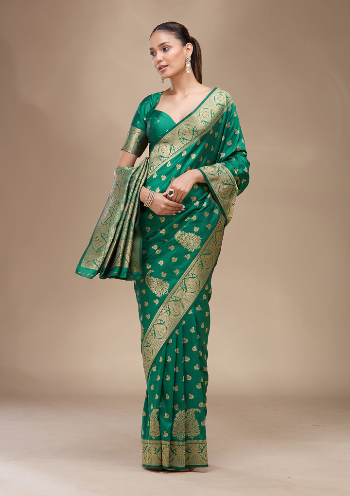 Green Silk Buti Gold Zariwork Saree With Matching Blouse Piece