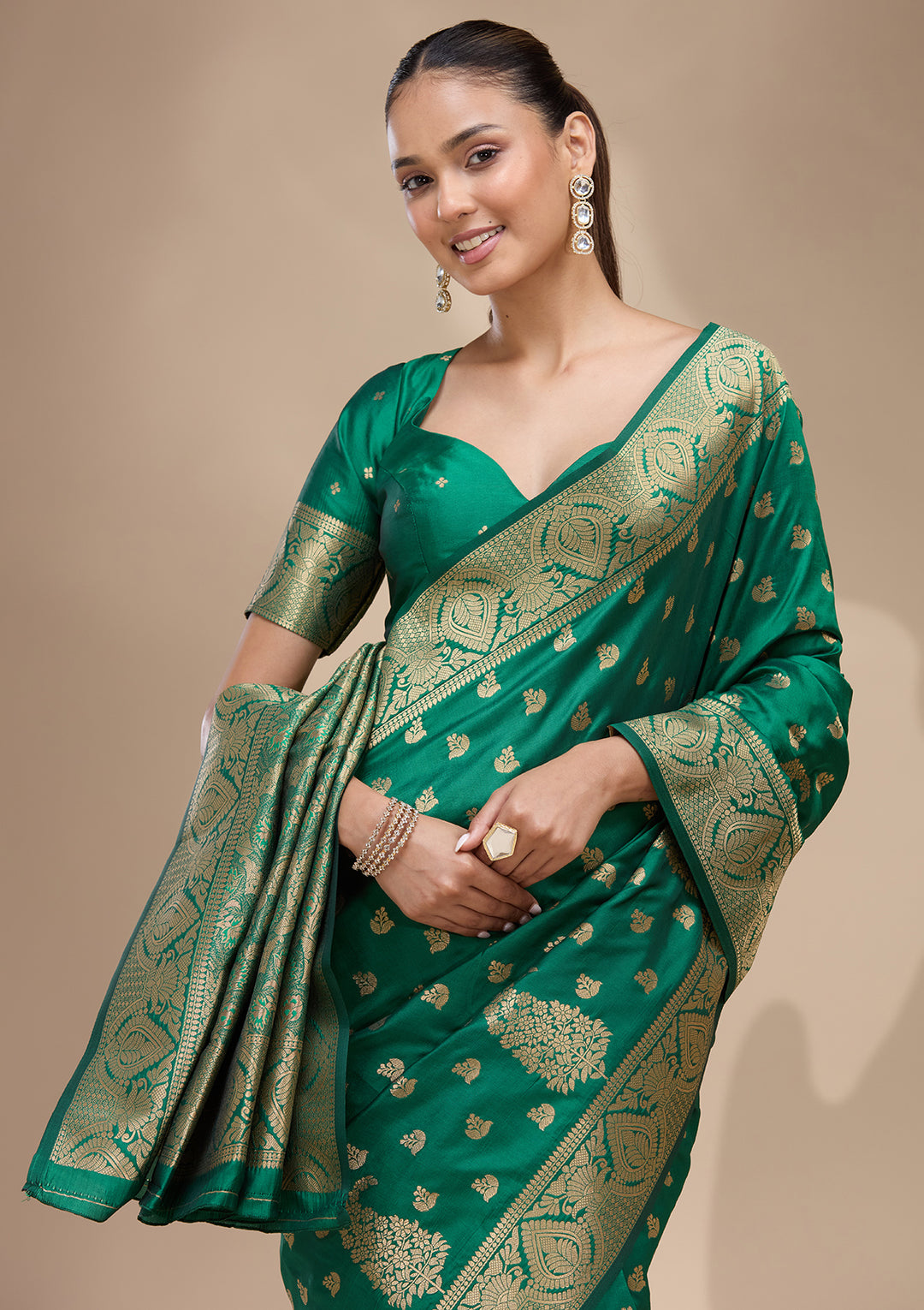 Green Silk Buti Gold Zariwork Saree With Matching Blouse Piece