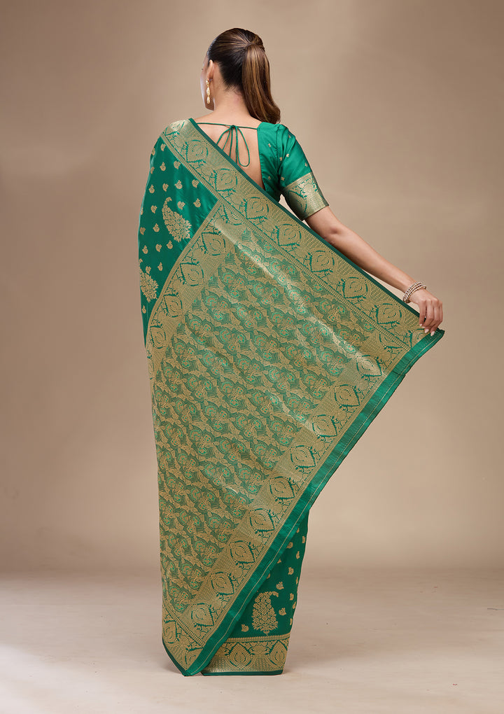 Green Silk Buti Gold Zariwork Saree With Matching Blouse Piece