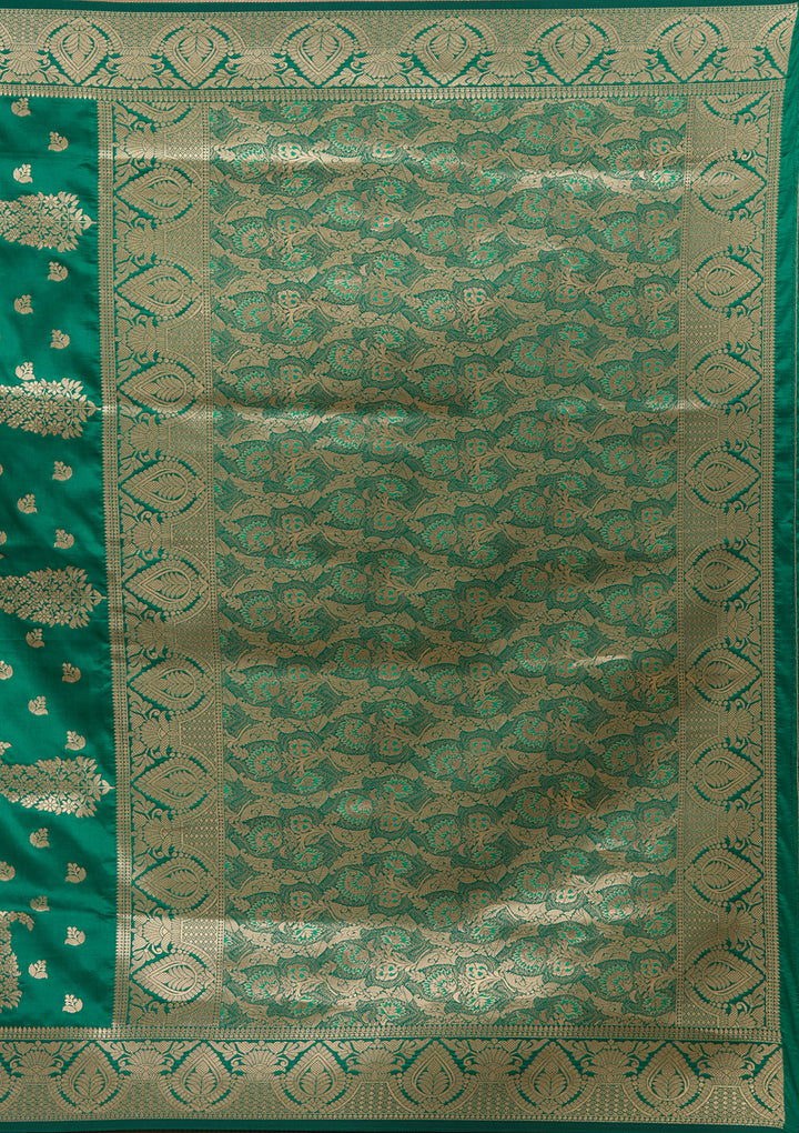 Green Silk Buti Gold Zariwork Saree With Matching Blouse Piece