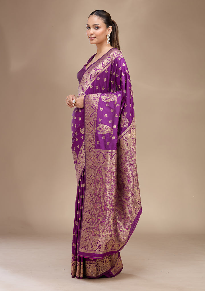 Violet Silk Buti Gold Zariwork Saree With Matching Blouse Piece