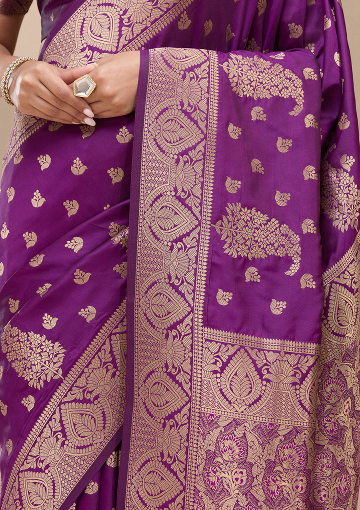Violet Silk Buti Gold Zariwork Saree With Matching Blouse Piece