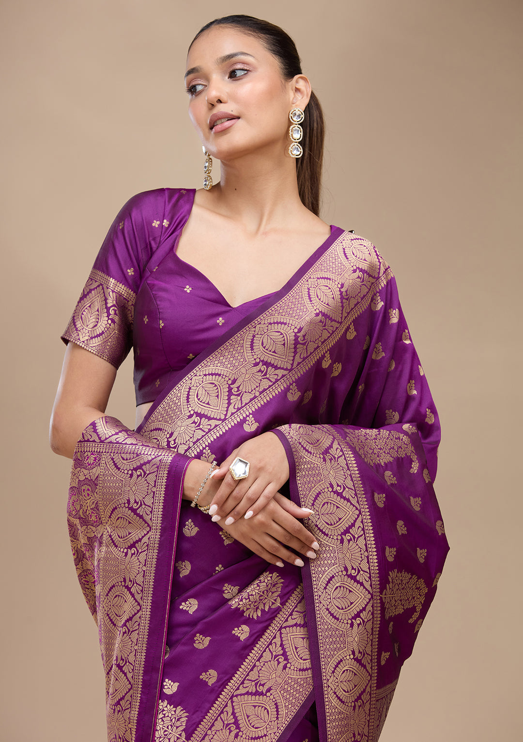Violet Silk Buti Gold Zariwork Saree With Matching Blouse Piece
