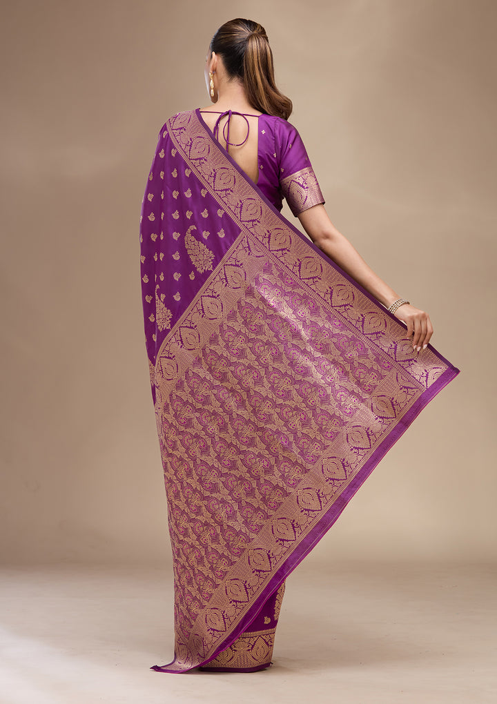 Violet Silk Buti Gold Zariwork Saree With Matching Blouse Piece