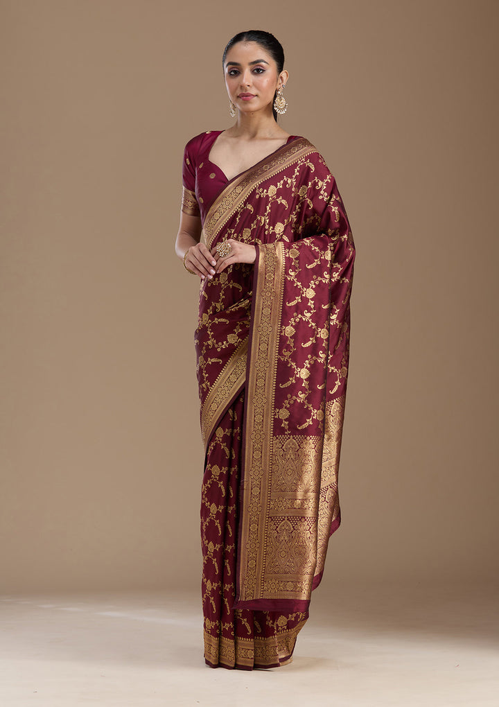 Maroon Silk Jaal Gold Zariwork Saree With Matching Blouse Piece