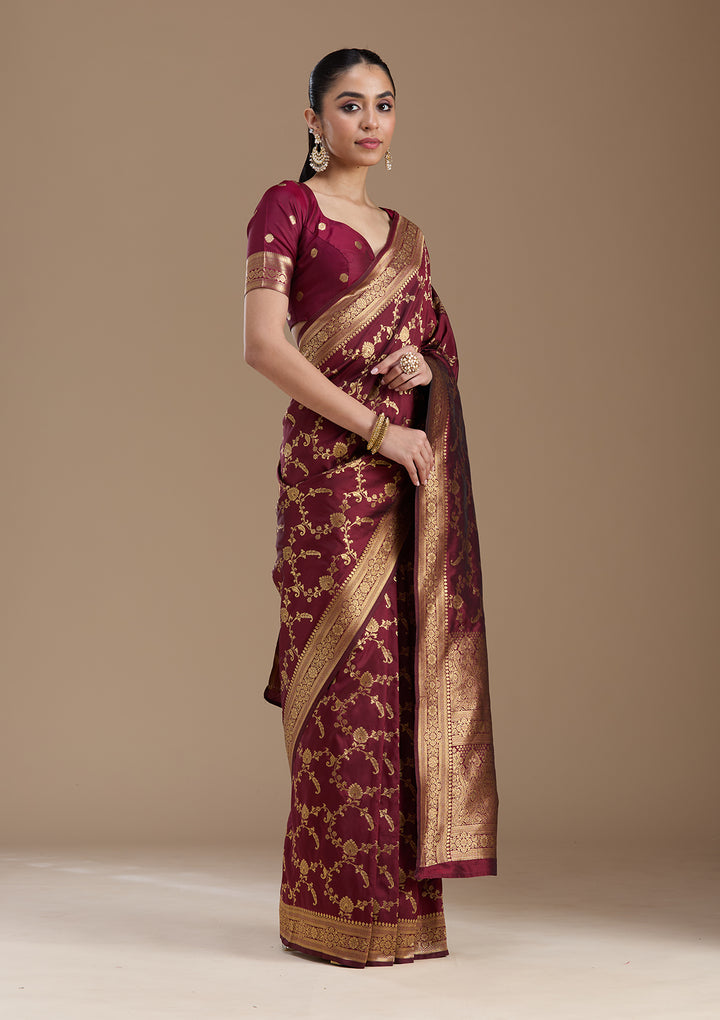 Maroon Silk Jaal Gold Zariwork Saree With Matching Blouse Piece