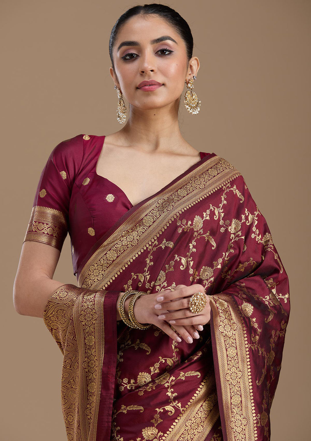 Maroon Silk Jaal Gold Zariwork Saree With Matching Blouse Piece