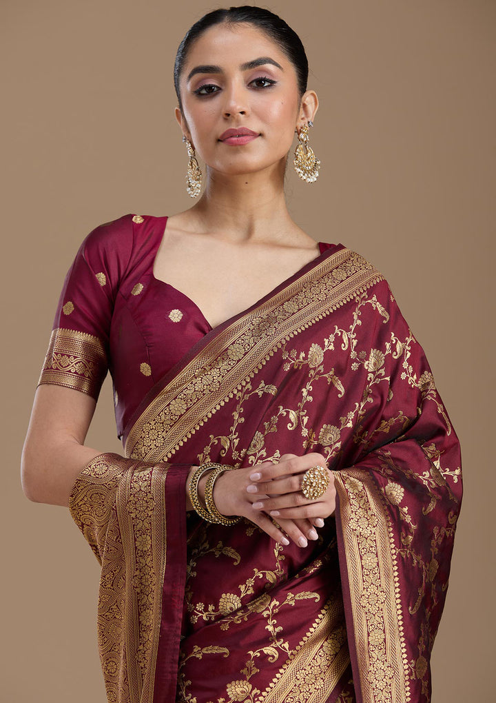Maroon Silk Jaal Gold Zariwork Saree With Matching Blouse Piece