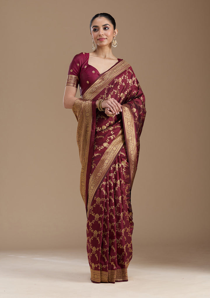 Maroon Silk Jaal Gold Zariwork Saree With Matching Blouse Piece