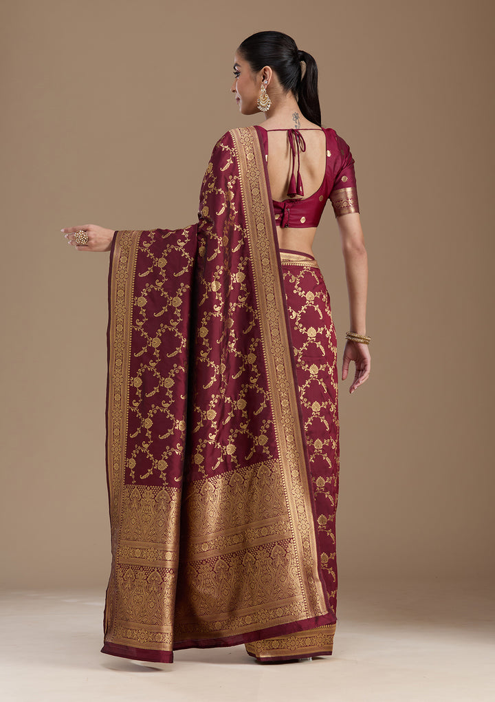 Maroon Silk Jaal Gold Zariwork Saree With Matching Blouse Piece