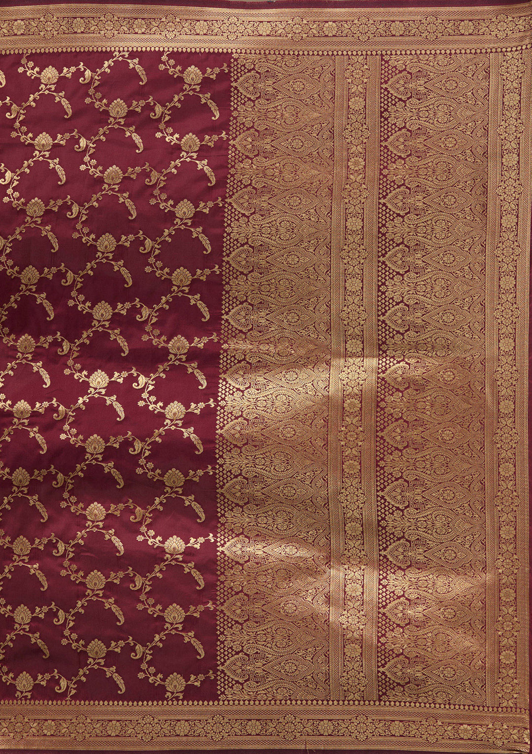 Maroon Silk Jaal Gold Zariwork Saree With Matching Blouse Piece