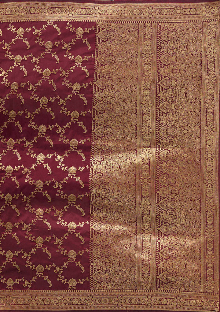 Maroon Silk Jaal Gold Zariwork Saree With Matching Blouse Piece