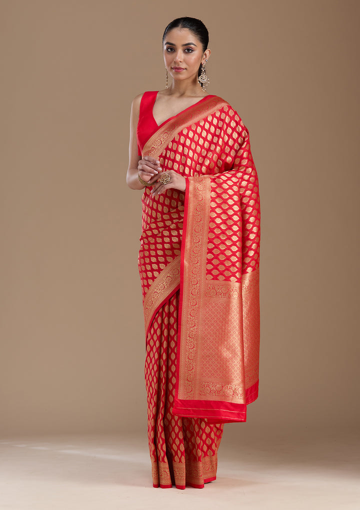 Red Silk Jaal Zariwork Saree With Matching Blouse Piece