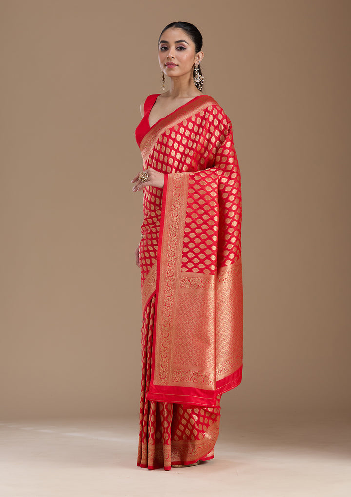 Red Silk Jaal Zariwork Saree With Matching Blouse Piece