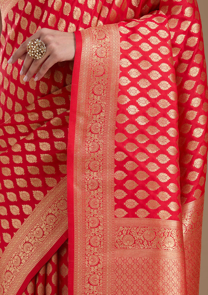 Red Silk Jaal Zariwork Saree With Matching Blouse Piece