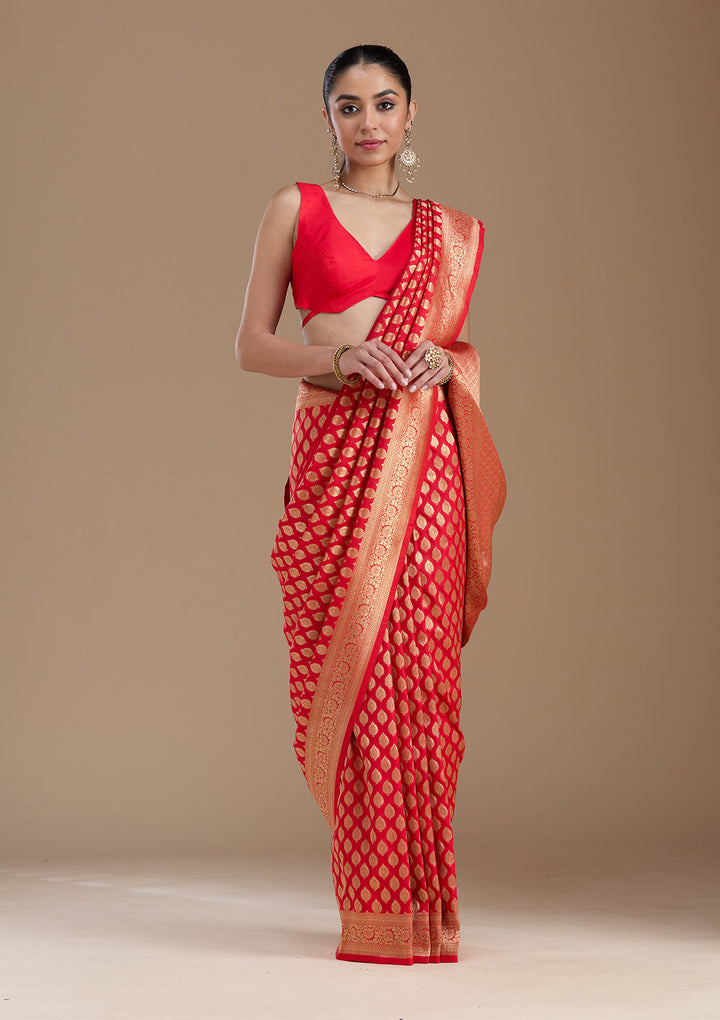 Red Silk Jaal Zariwork Saree With Matching Blouse Piece