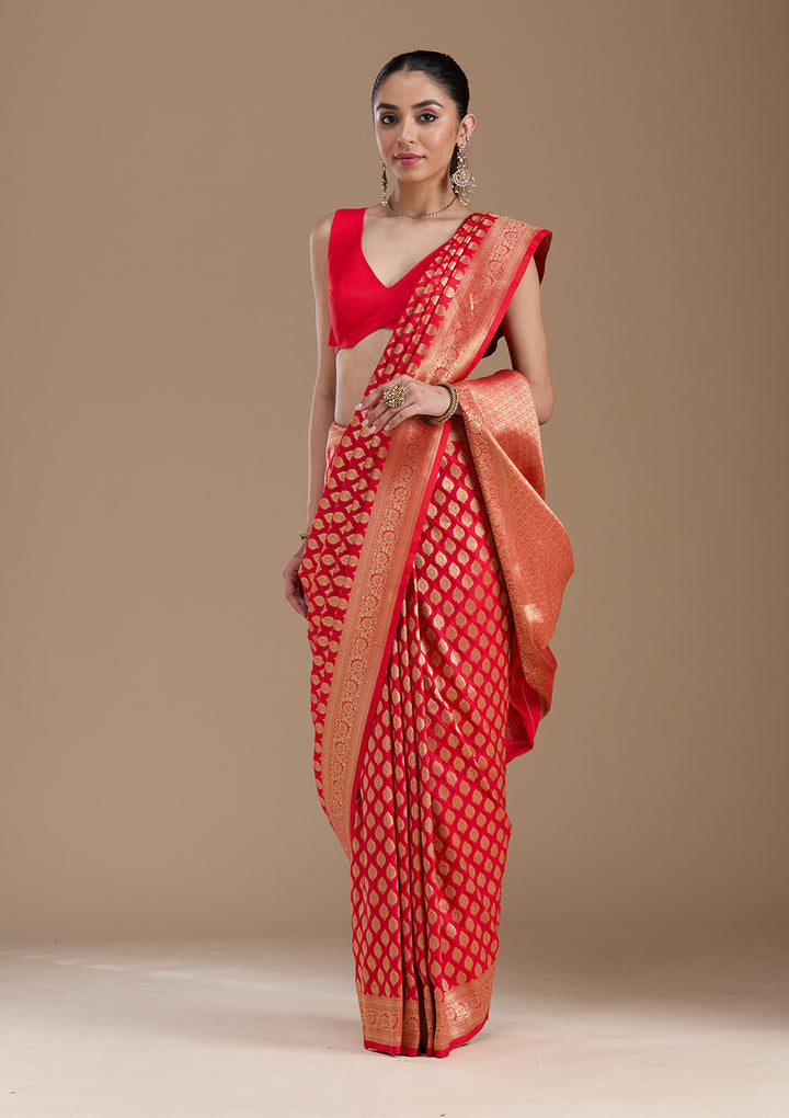 Red Silk Jaal Zariwork Saree With Matching Blouse Piece