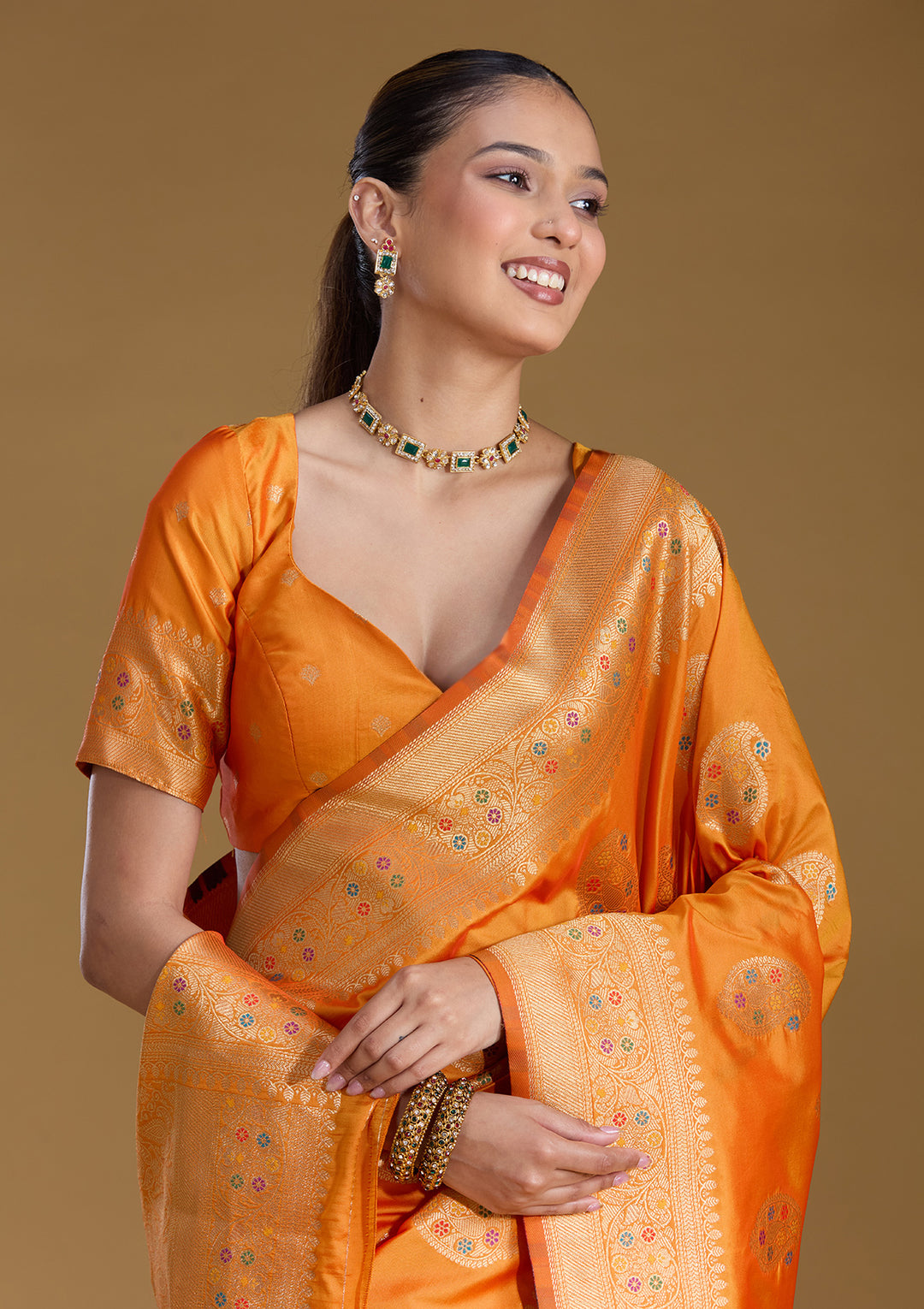 Mustard Silk Buti Zariwork Saree With Matching Blouse Piece