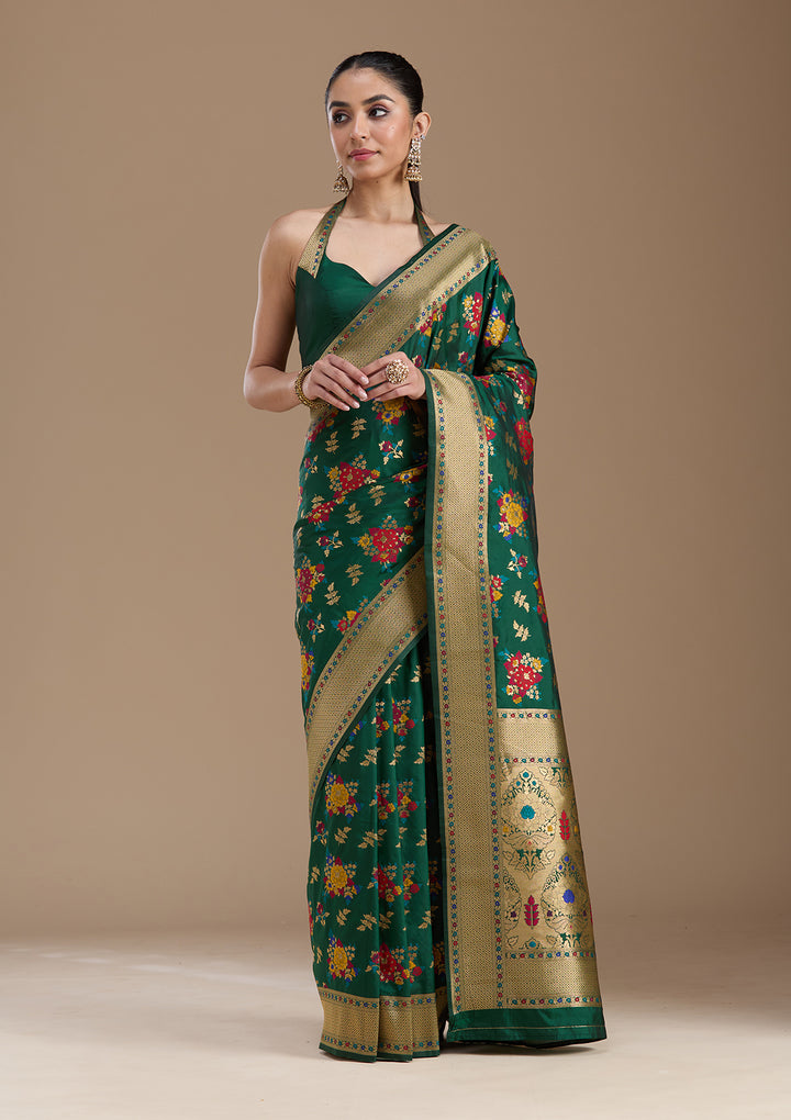 Bottle Green Silk Jaal Zariwork Saree With Matching Blouse Piece