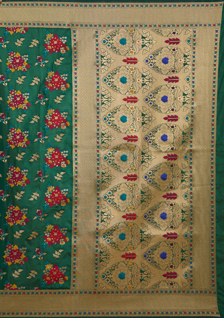Bottle Green Silk Jaal Zariwork Saree With Matching Blouse Piece