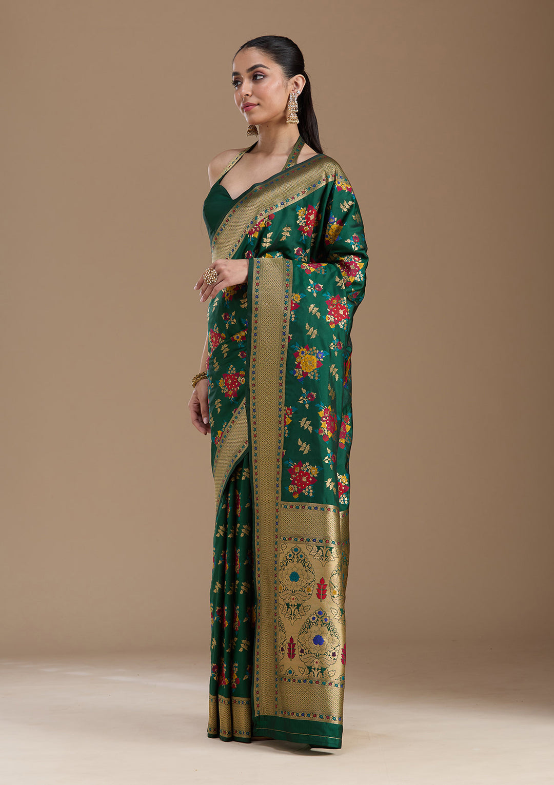 Bottle Green Silk Jaal Zariwork Saree With Matching Blouse Piece