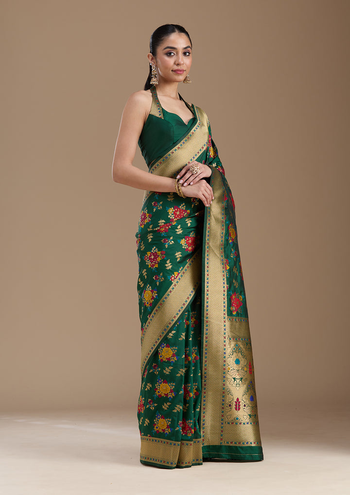 Bottle Green Silk Jaal Zariwork Saree With Matching Blouse Piece