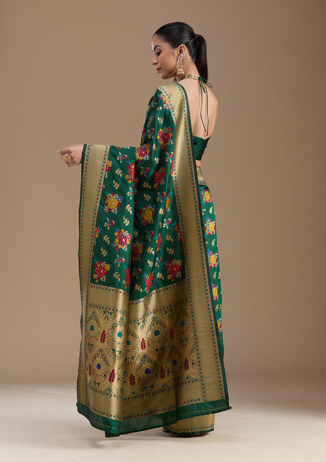 Bottle Green Silk Jaal Zariwork Saree With Matching Blouse Piece