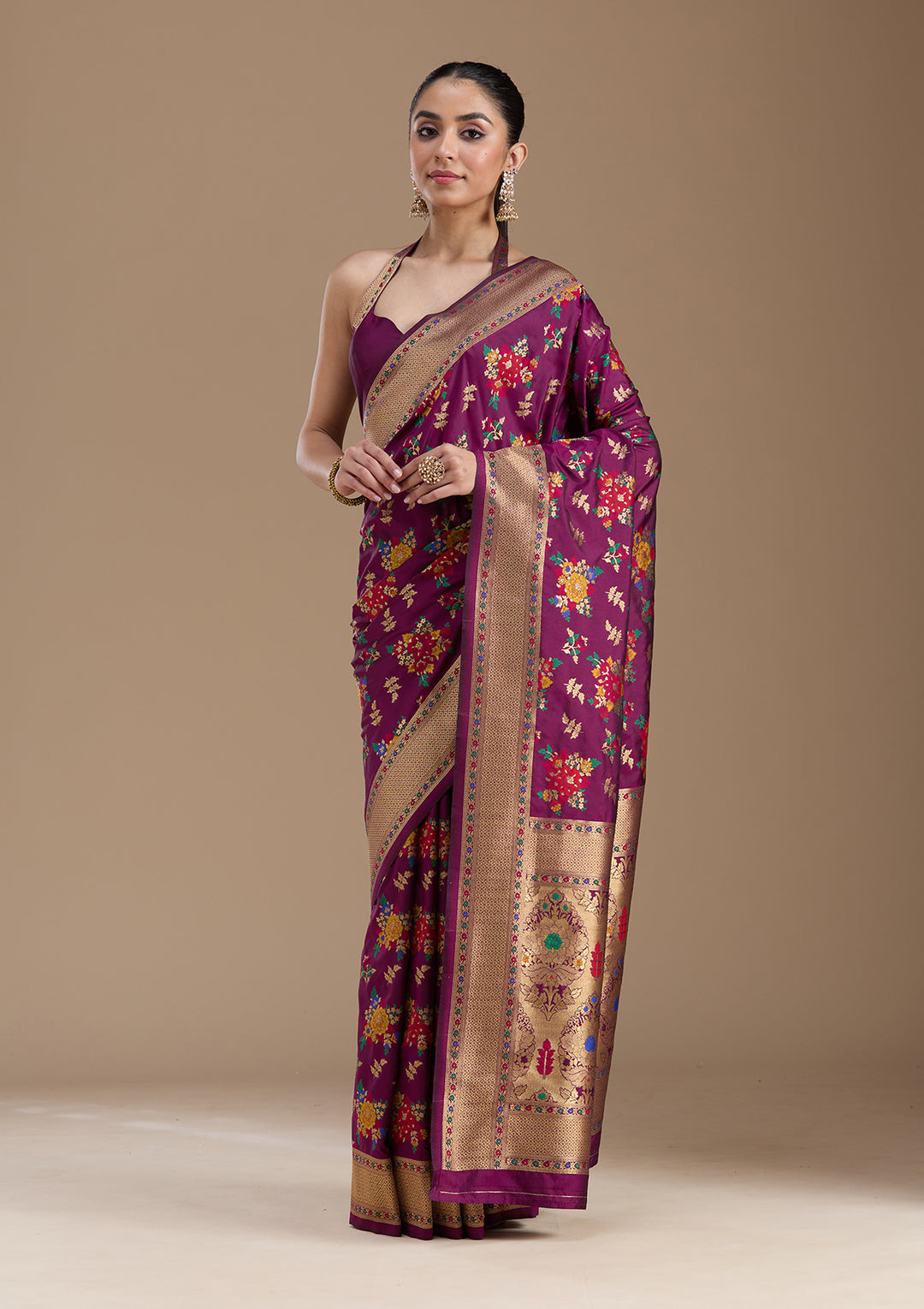 Wine Silk Jaal Zariwork Saree With Matching Blouse Piece