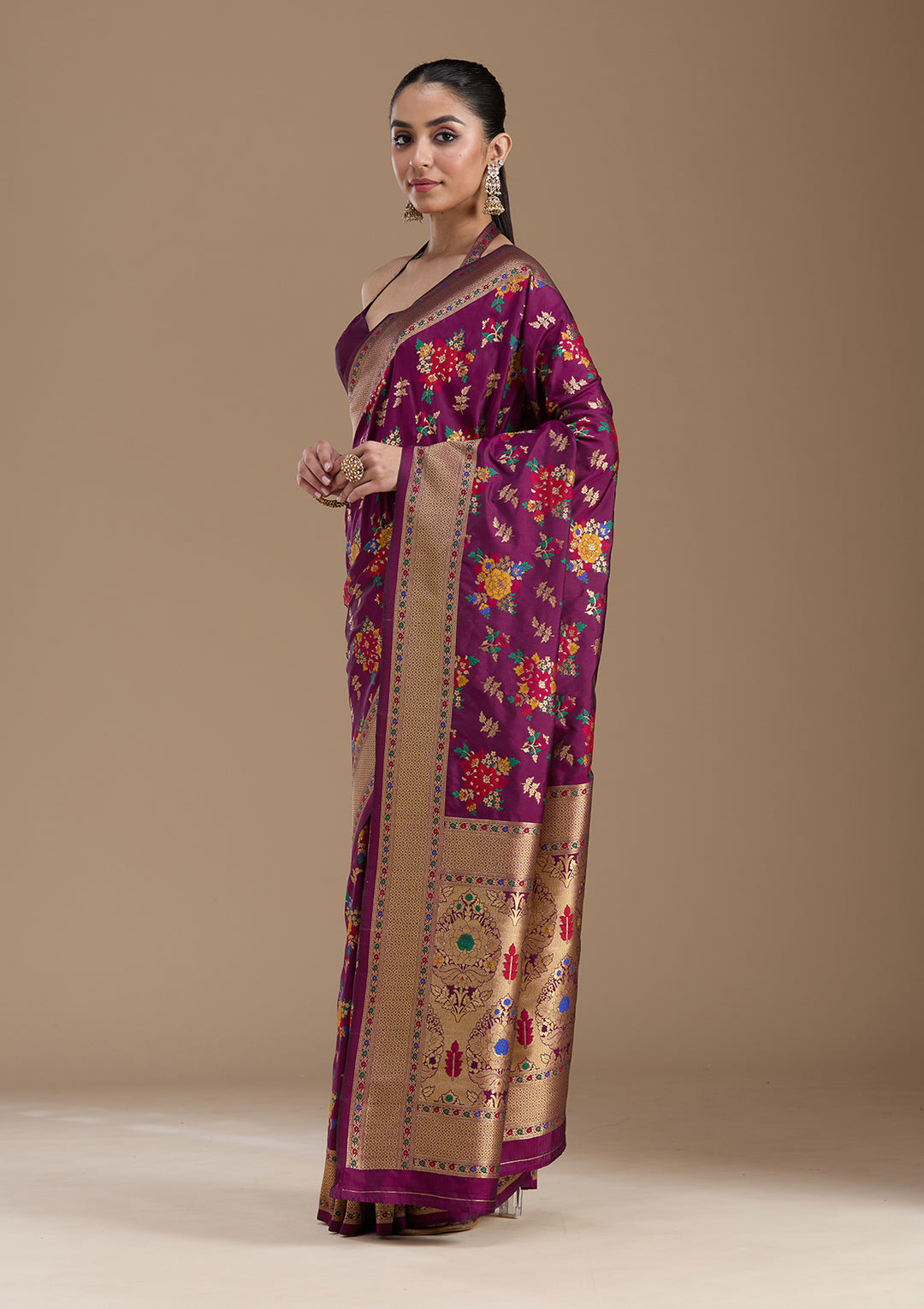 Wine Silk Jaal Zariwork Saree With Matching Blouse Piece