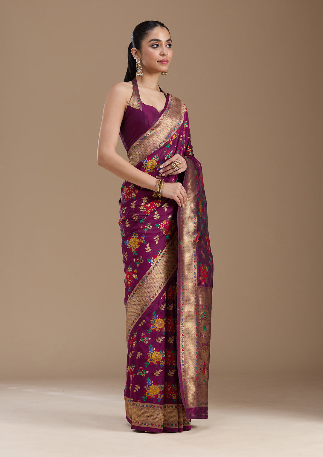 Wine Silk Jaal Zariwork Saree With Matching Blouse Piece