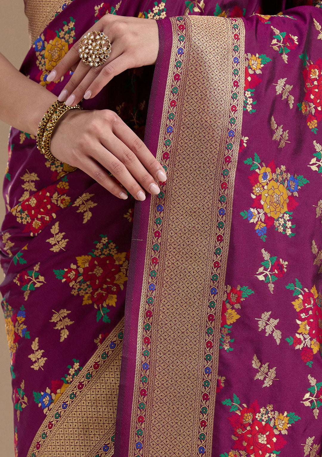Wine Silk Jaal Zariwork Saree With Matching Blouse Piece