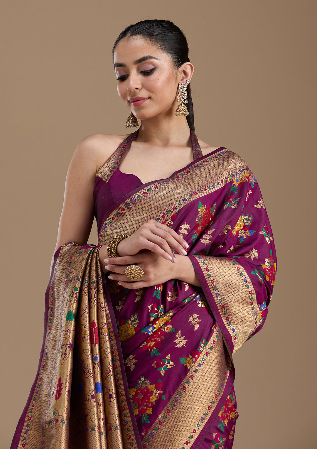 Wine Silk Jaal Zariwork Saree With Matching Blouse Piece