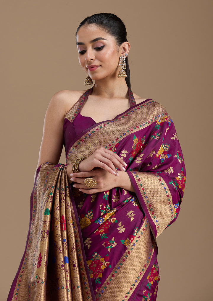Wine Silk Jaal Zariwork Saree With Matching Blouse Piece