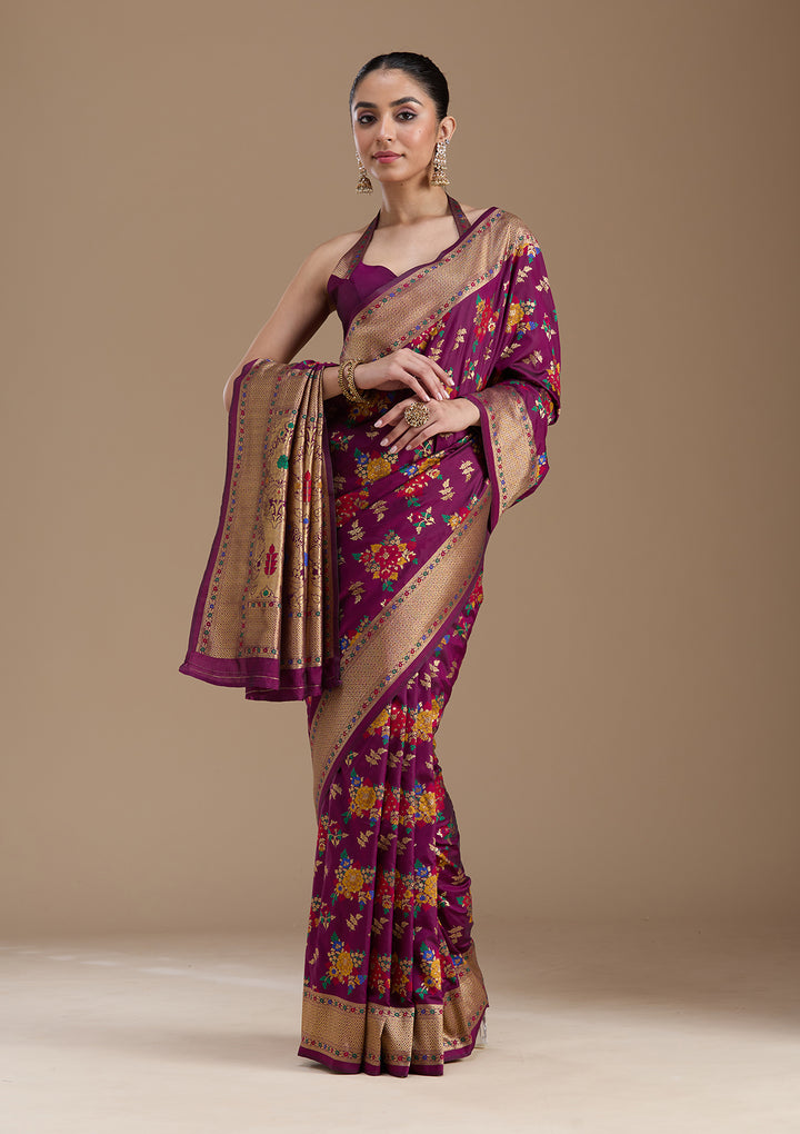 Wine Silk Jaal Zariwork Saree With Matching Blouse Piece
