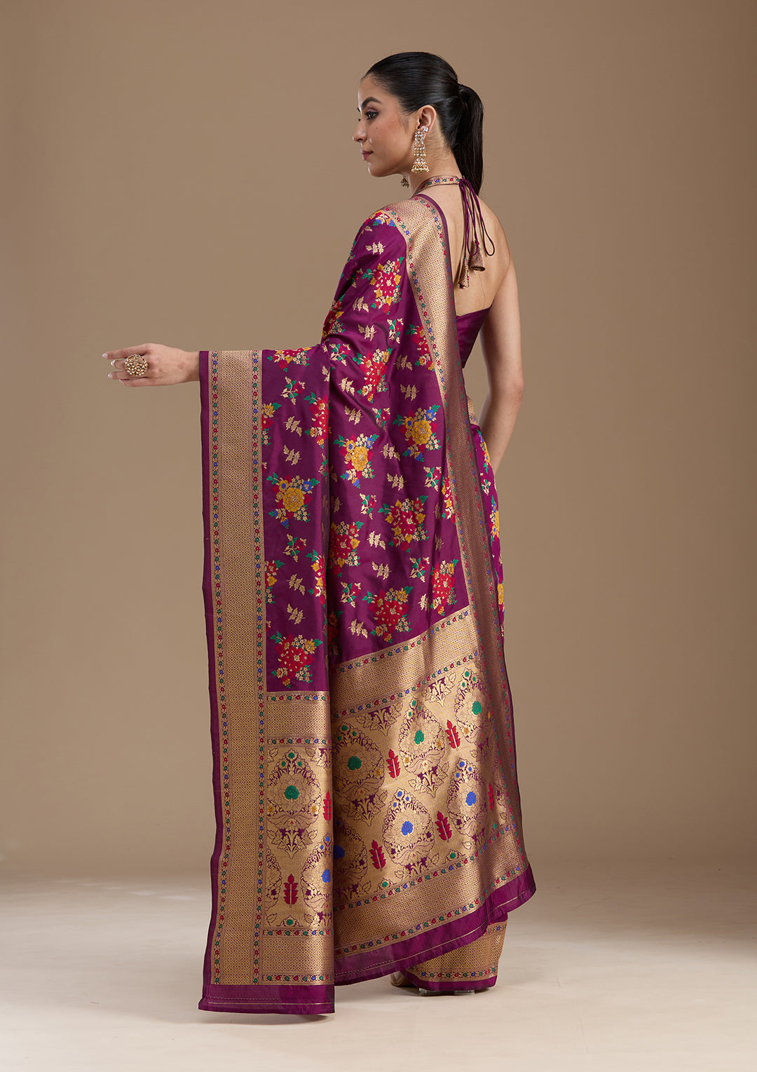 Wine Silk Jaal Zariwork Saree With Matching Blouse Piece