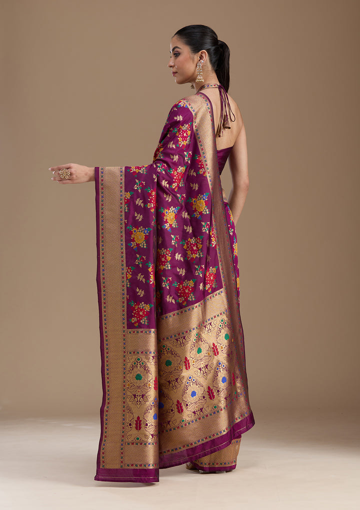 Wine Silk Jaal Zariwork Saree With Matching Blouse Piece
