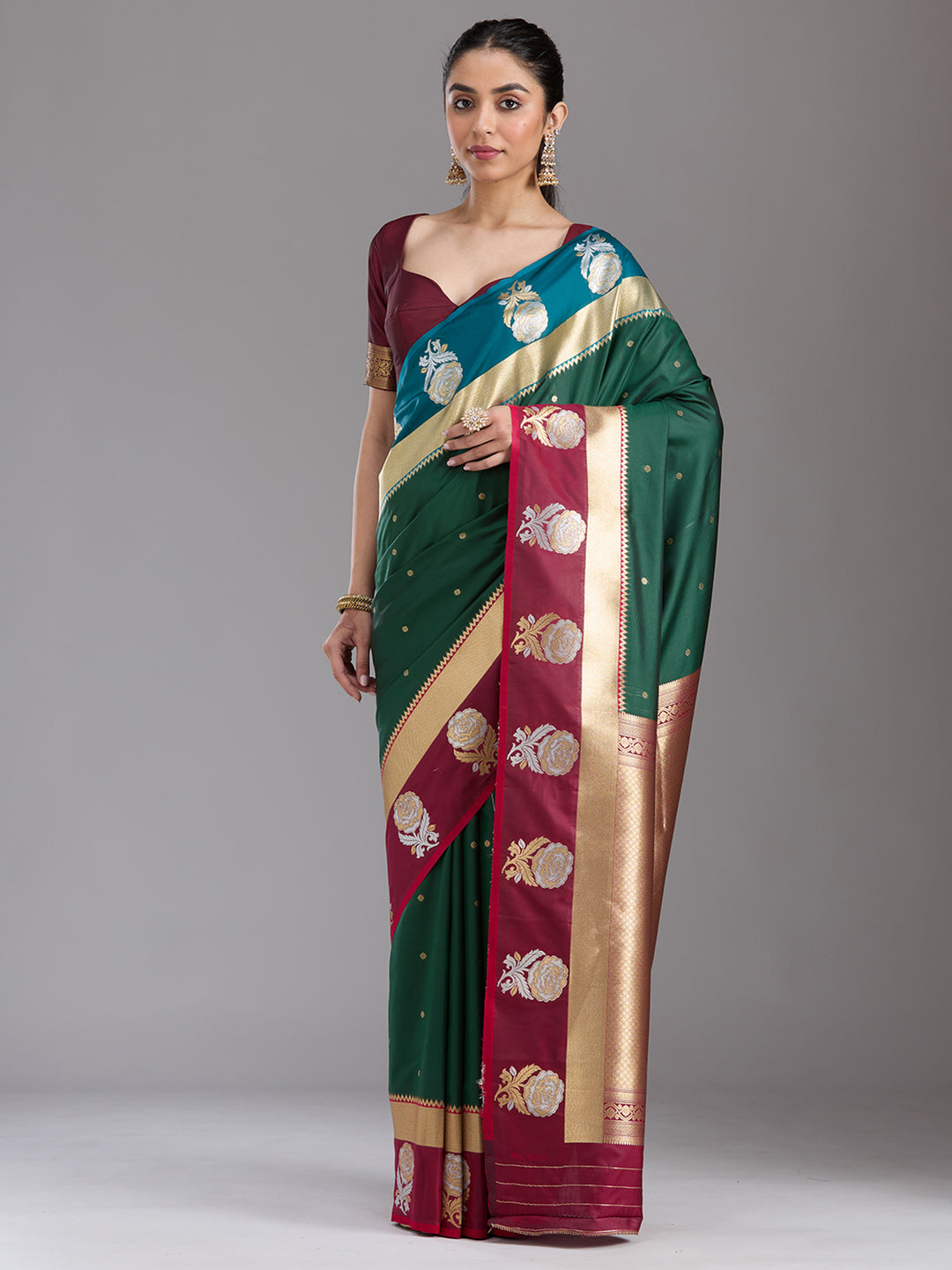Bottle Green Silk Buti Zariwork Saree With Matching Blouse Piece