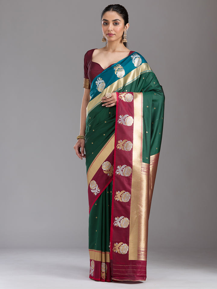 Bottle Green Silk Buti Zariwork Saree With Matching Blouse Piece