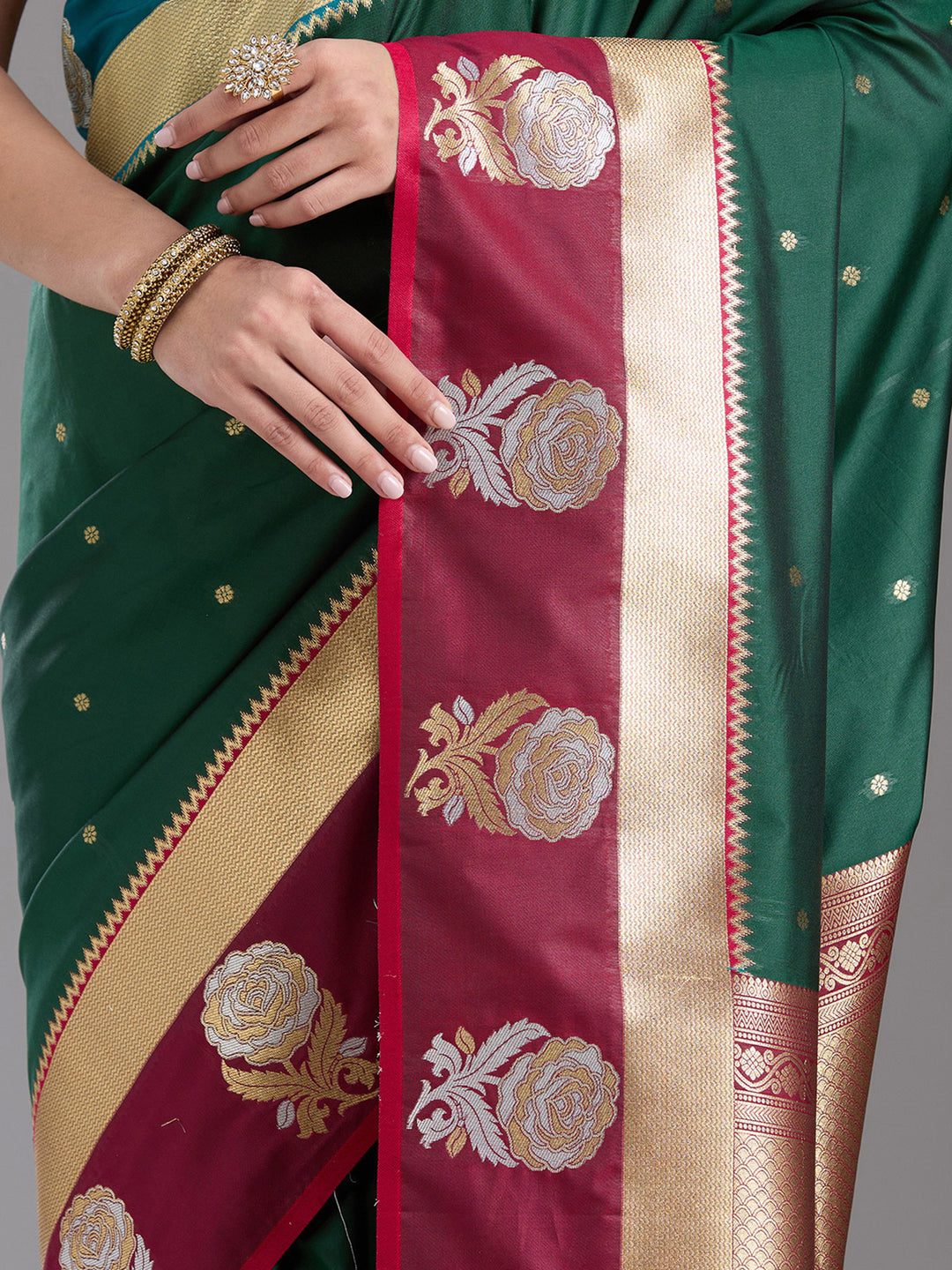 Bottle Green Silk Buti Zariwork Saree With Matching Blouse Piece