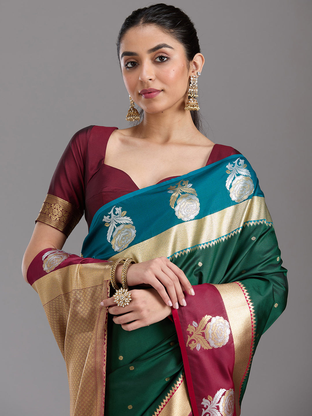 Bottle Green Silk Buti Zariwork Saree With Matching Blouse Piece