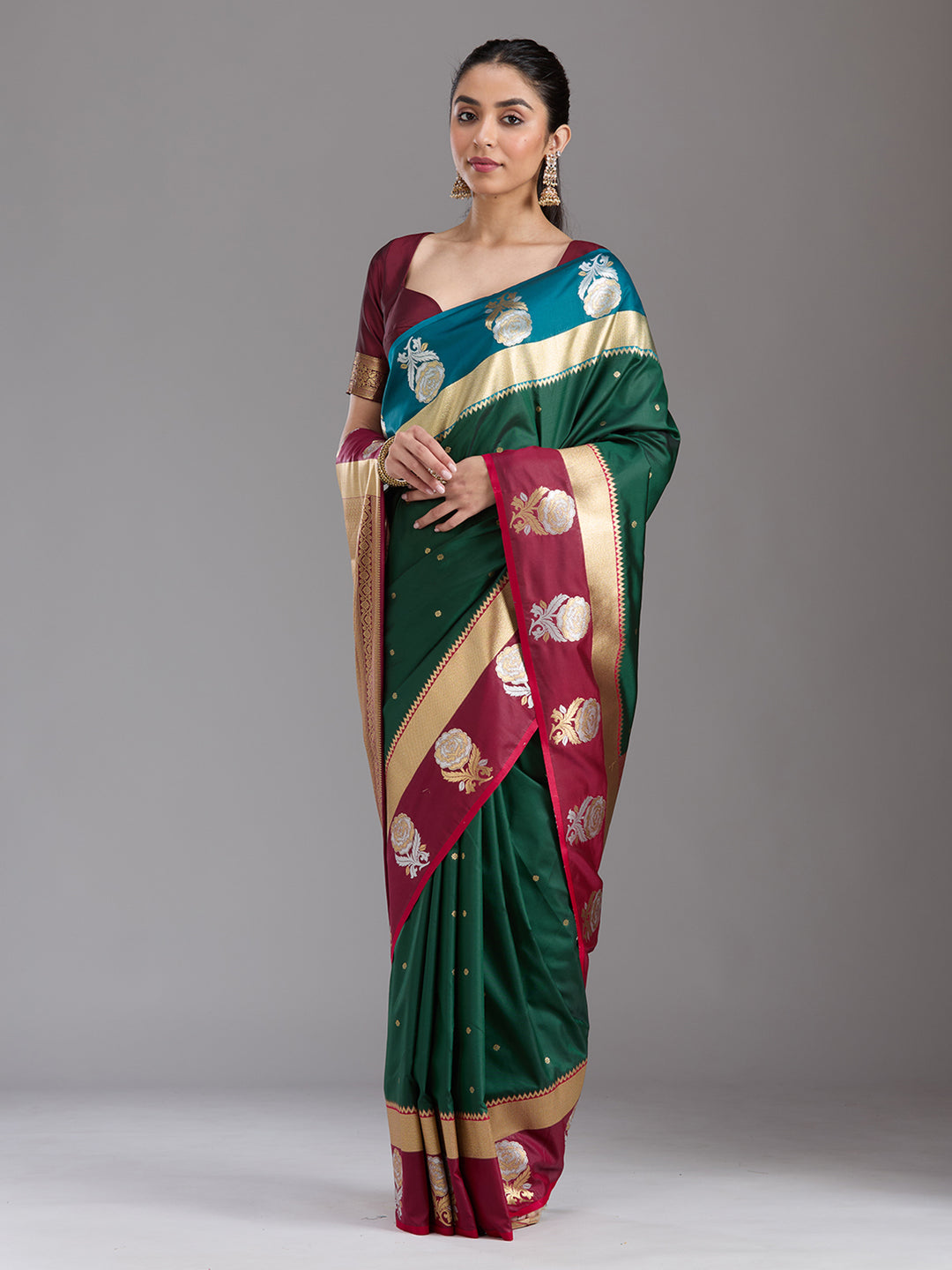Bottle Green Silk Buti Zariwork Saree With Matching Blouse Piece